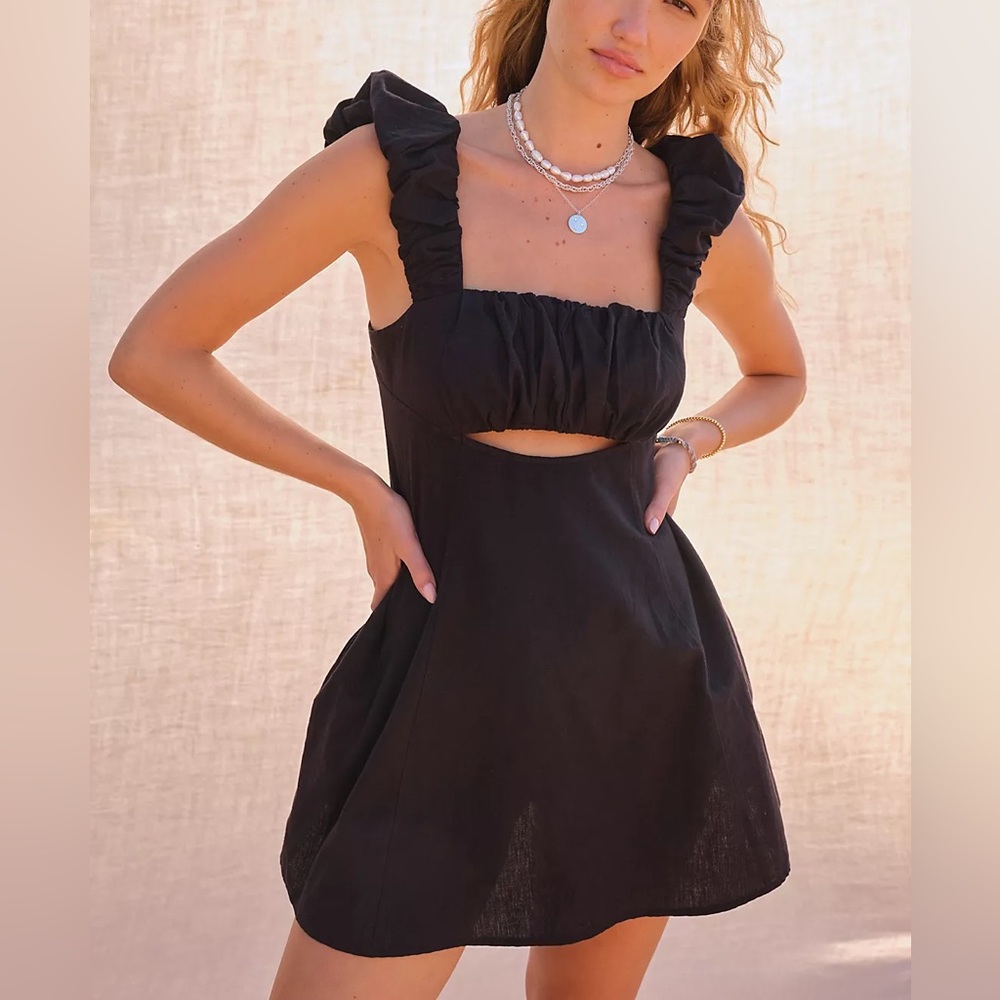 Free People Black Ruffle Strap Mini Dress with Front Cutout